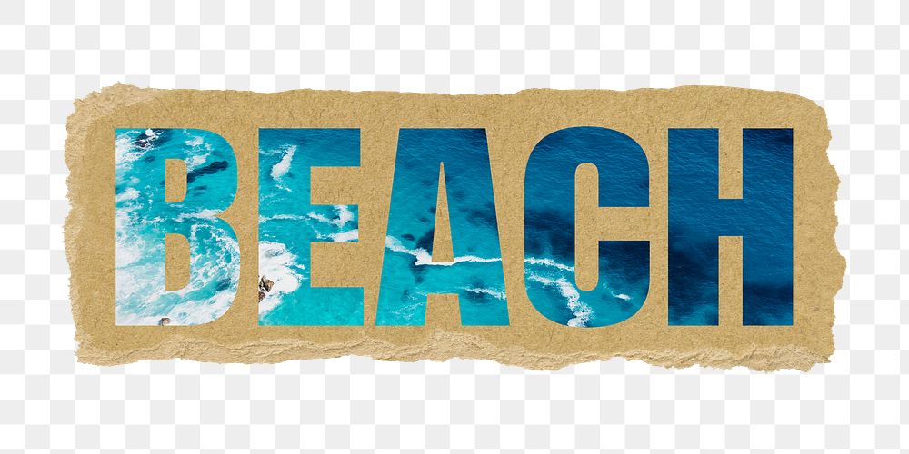 Beach png word sticker, blue ocean water, torn paper in transparent background