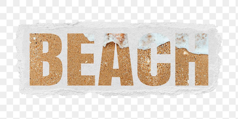Beach png typography, beige sand with water waves, torn paper in transparent background