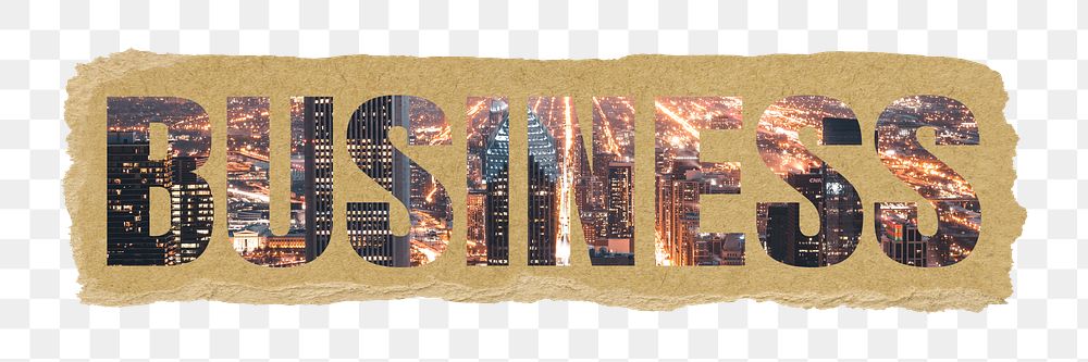 Business png sticker typography, city light, transparent background, torn paper collage element