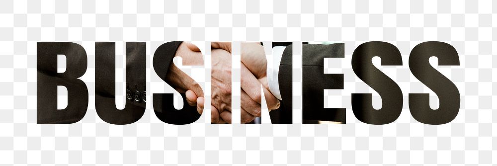 Business png word, people shaking hands, transparent background