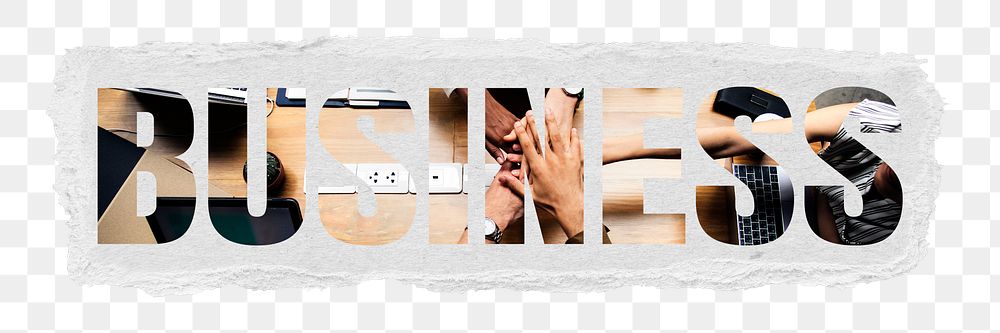 Business png word sticker, hands together for team spirit, ripped paper in transparent background