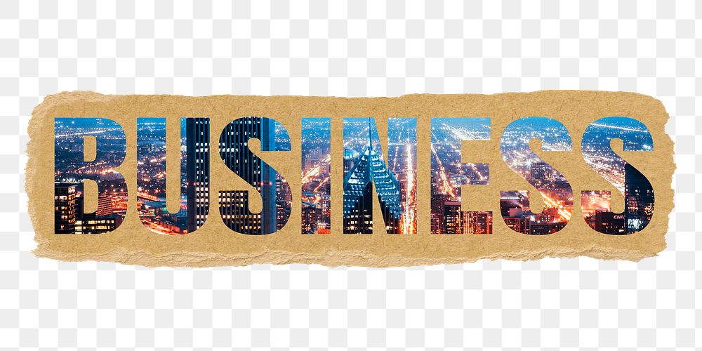 Business png word, downtown city lights, ripped paper in transparent background