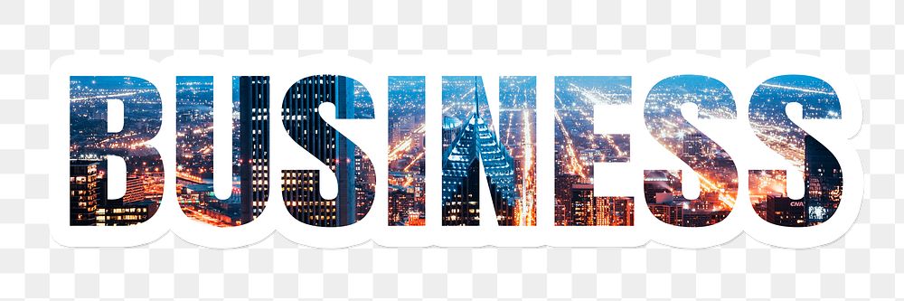 Business png word, downtown city lights, transparent background