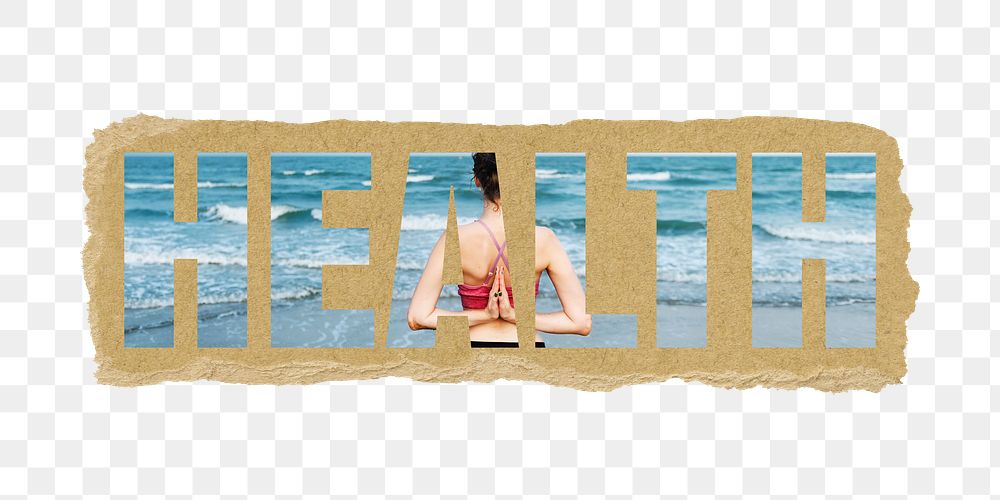 Health png word sticker typography, woman meditating by the beach, ripped paper in transparent background