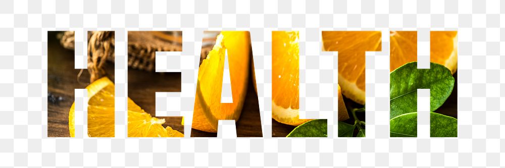 Health png word sticker typography, orange fruit, transparent background