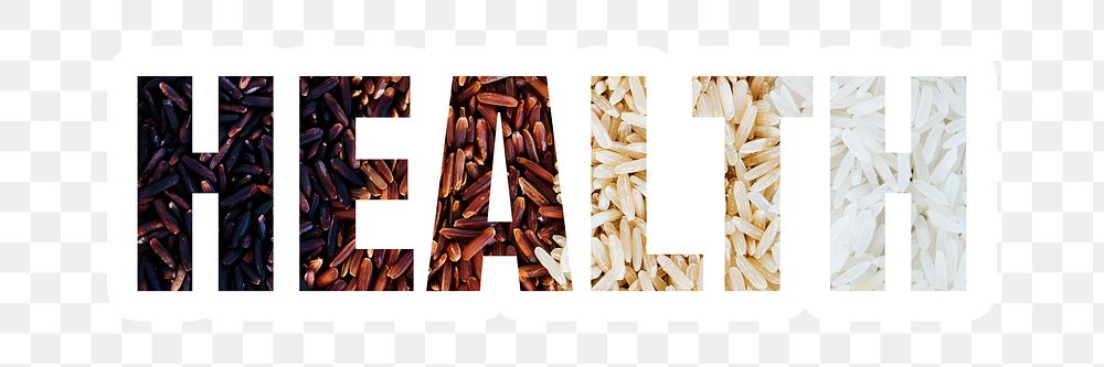 Health png word sticker typography, rice grains, transparent background