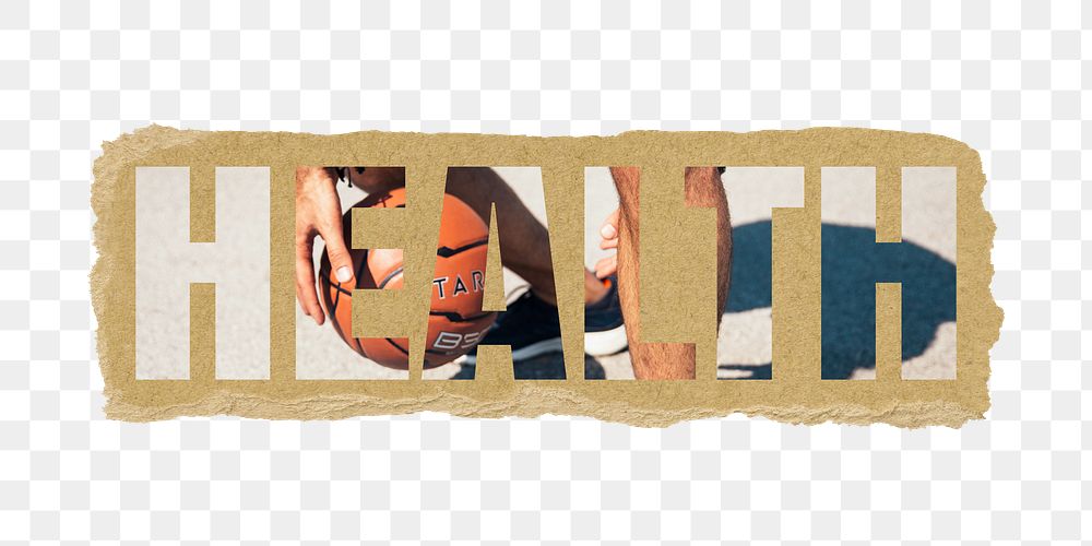 Health png word sticker typography, man playing basketball, torn paper in transparent background