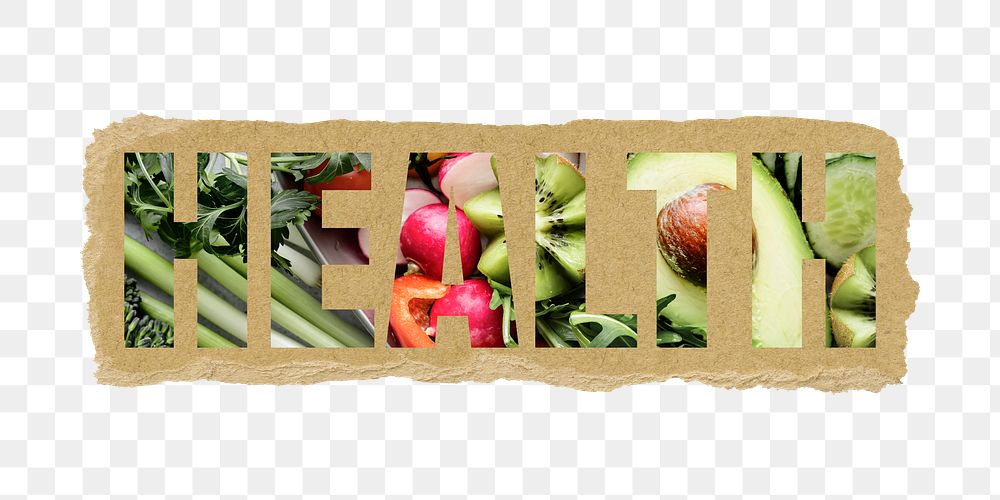 Health png word sticker typography, food and vegetables, transparent background, torn paper collage element