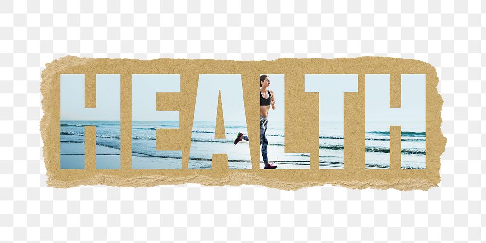 Health png word sticker typography, woman running by the beach, ripped paper in transparent background