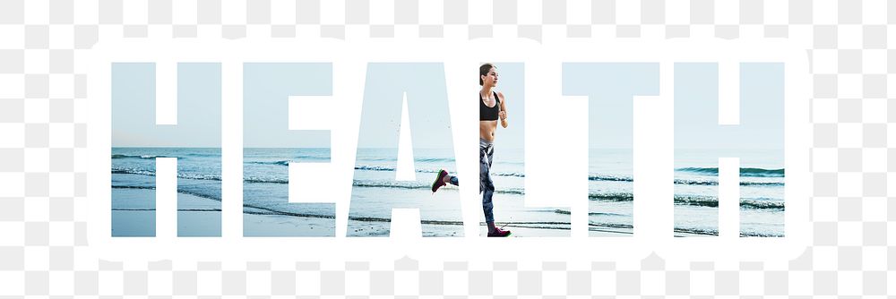 Health png word sticker typography, woman running by the beach, transparent background
