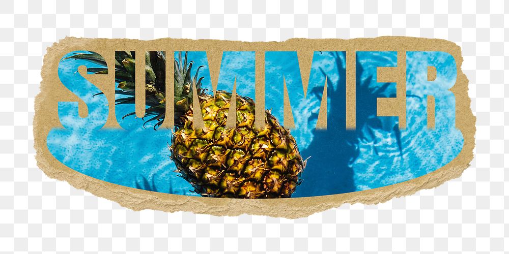 Summer pineapple png word sticker, stick out design on ripped paper, transparent background
