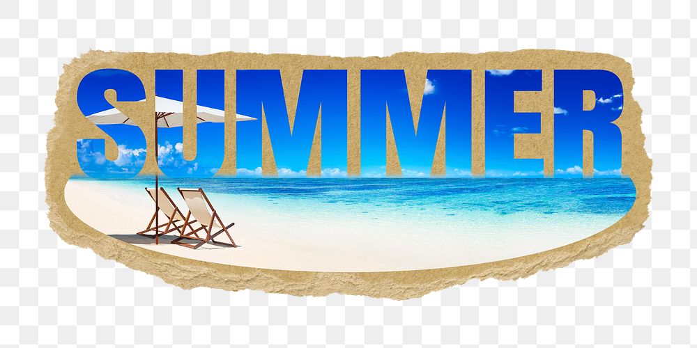 Summer png word sticker, stick out design on ripped paper, transparent background