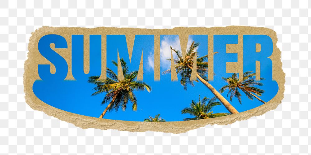 Summer png word sticker, cut out design on ripped paper, transparent background