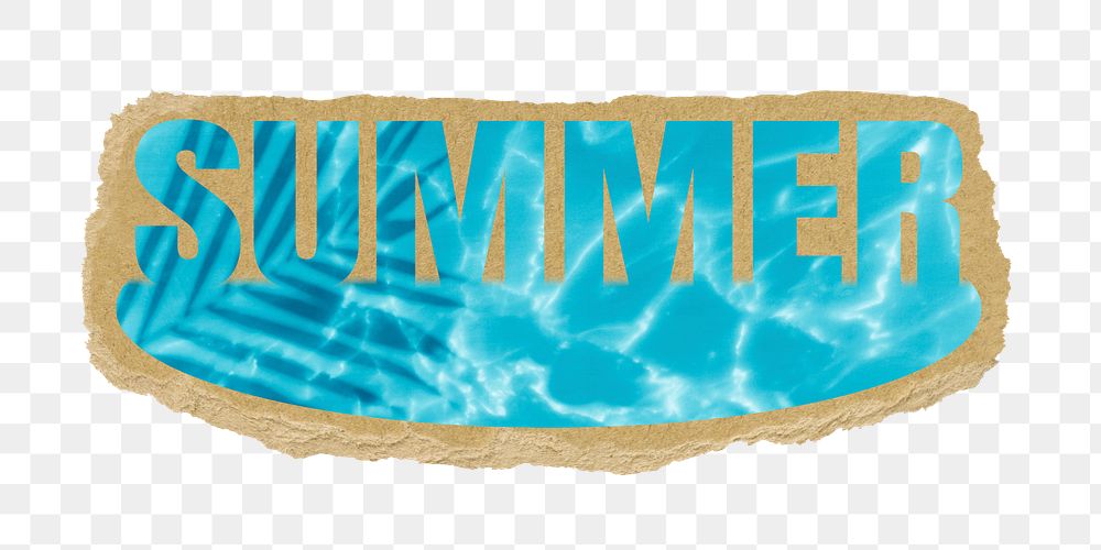 Summer png word sticker, swimming pool design on ripped paper, transparent background