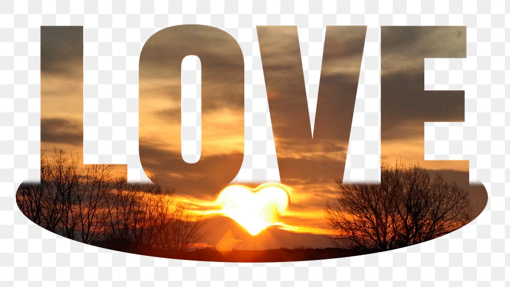 Love png word sticker, heart sunset on transparent background