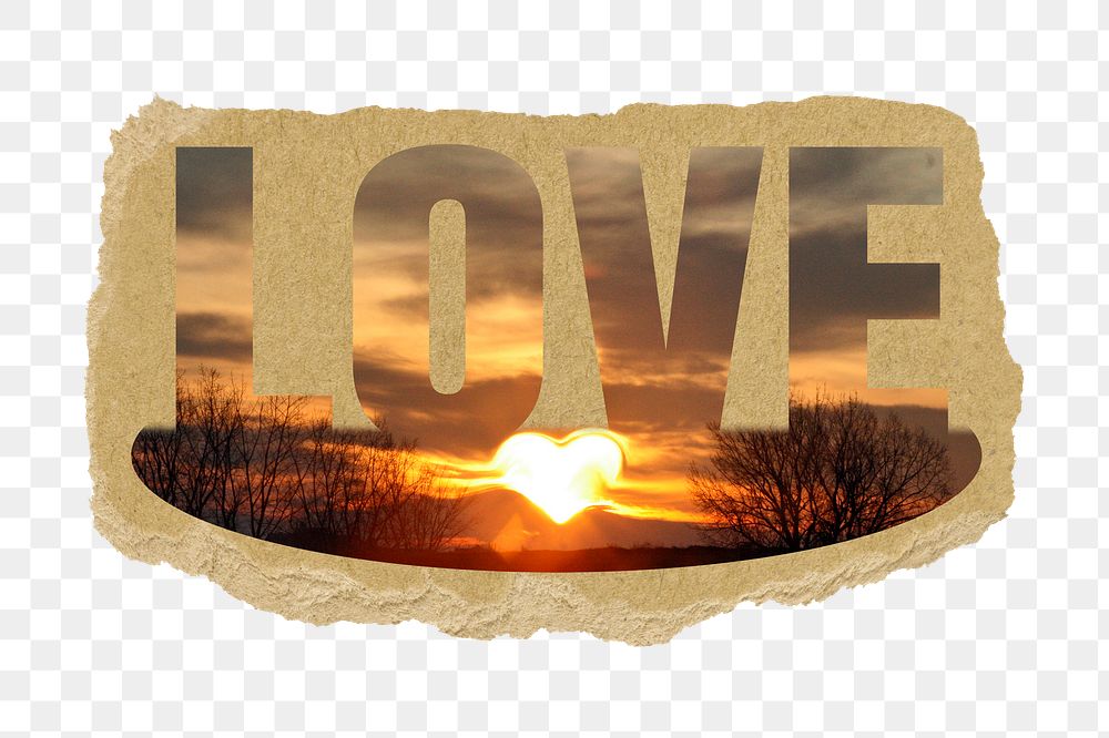Love png word sticker, heart sunrise design on ripped paper, transparent background