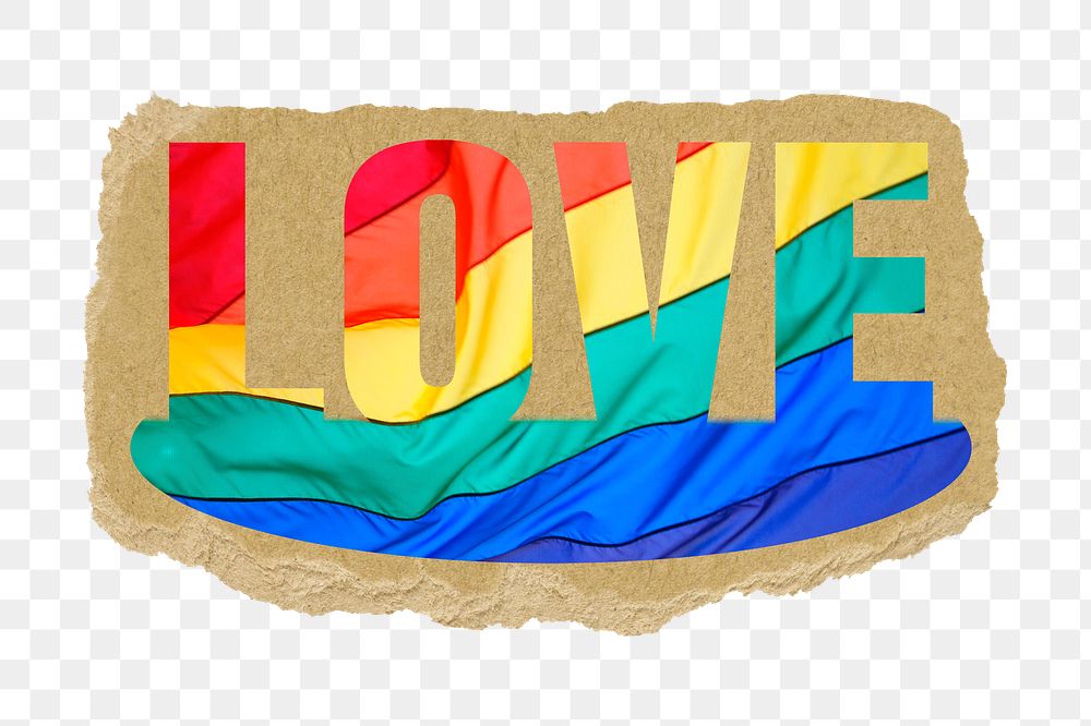 Love png word sticker, lgbtq pride design on ripped paper, transparent background