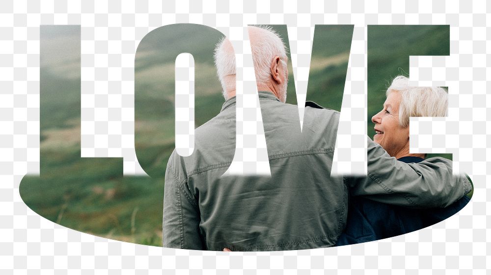 Love png word sticker, senior couple on transparent background