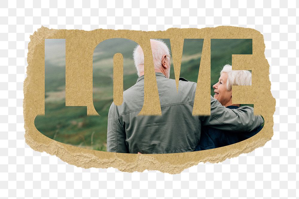 Love png word sticker, senior couple design on ripped paper, transparent background