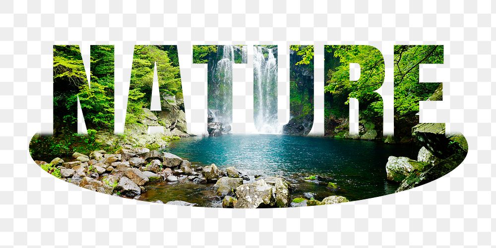 Nature png word sticker, waterfall on transparent background