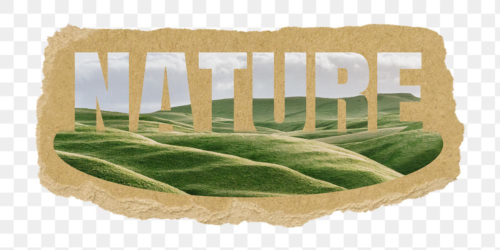 Nature png word sticker, hills on ripped paper, transparent background