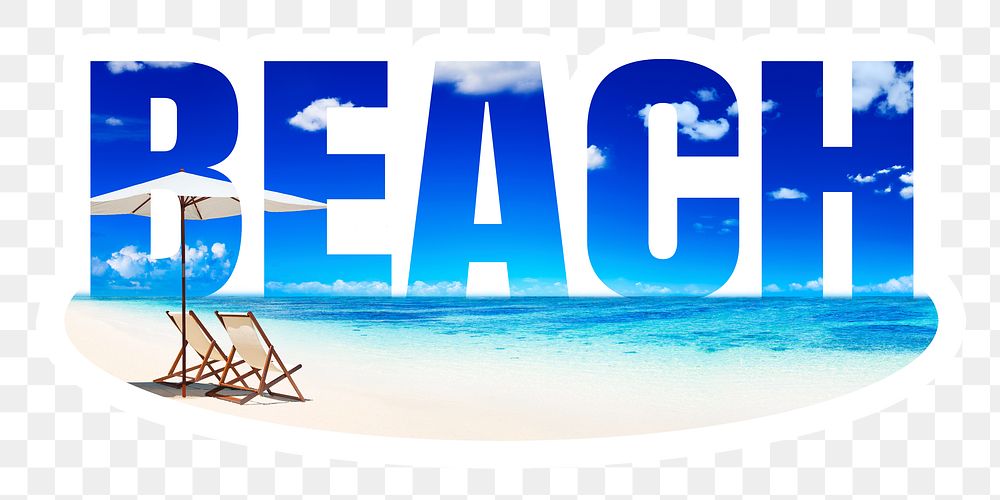 Beach png word sticker, white border typography, transparent background