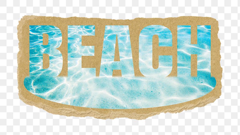 Beach png word sticker, ripped paper, transparent background