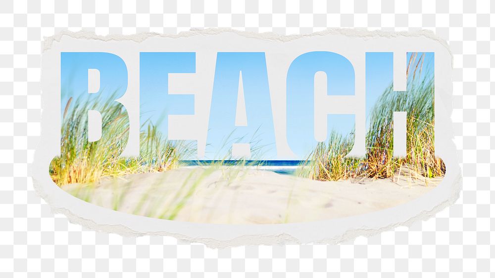 Beach png word sticker, ripped paper, transparent background