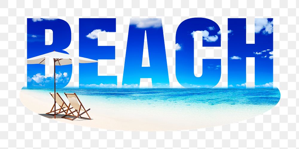 Beach png word sticker, blue design on transparent background