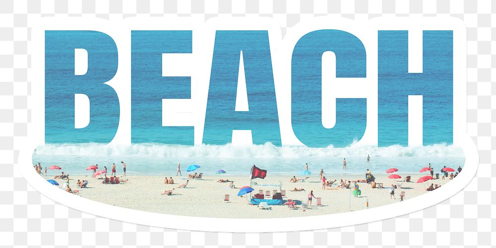 Beach png word sticker, white border typography, transparent background