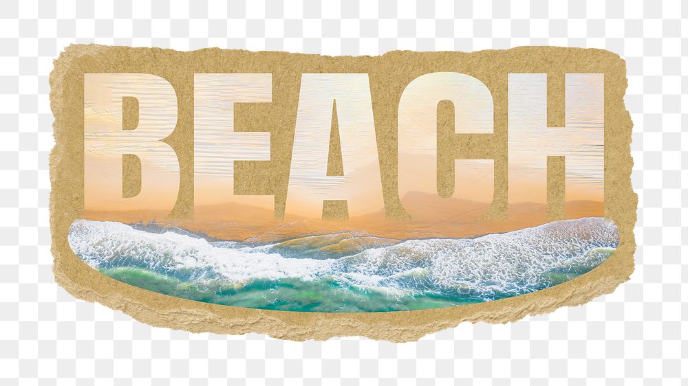 Beach png word sticker, ripped paper, transparent background