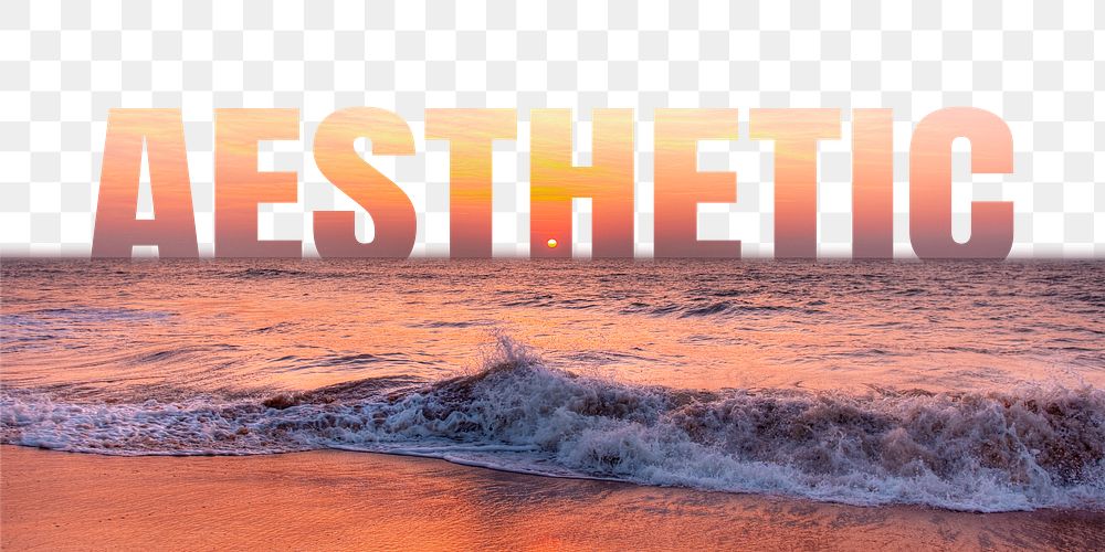 Aesthetic word png border sticker, sea at sunset design, transparent background