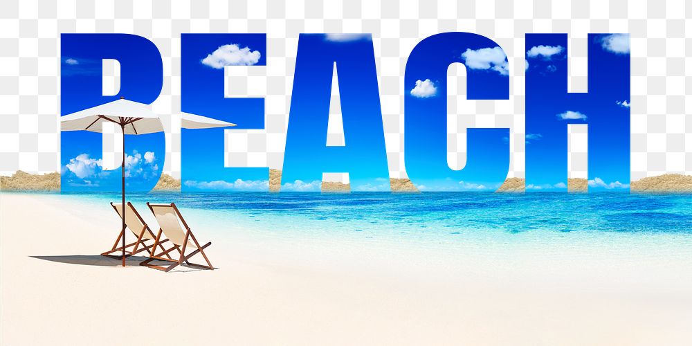 Beach word png border sticker, blue design on torn paper, transparent background