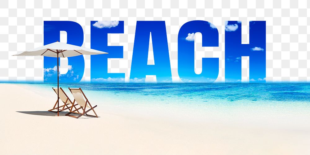 Beach word png border sticker, blue design, transparent background