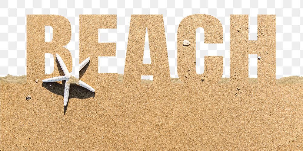 Beach word png border sticker, sand design on torn paper, transparent background