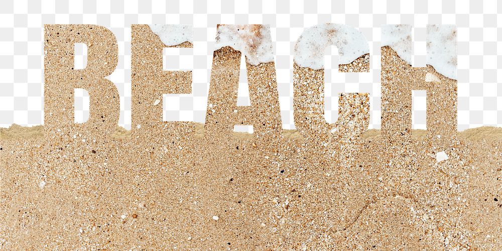 Beach word png border sticker, sand design on torn paper, transparent background