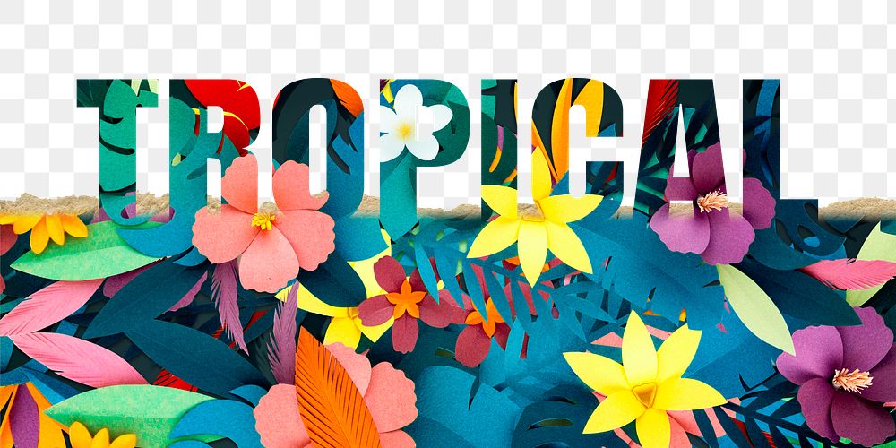 Tropical word png border sticker, floral design on torn paper, transparent background