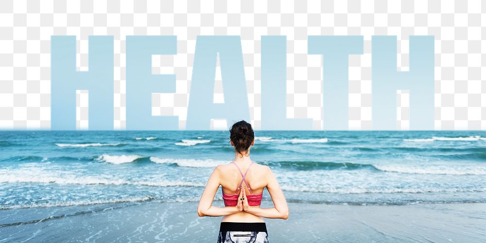 Health word png border sticker, yoga design, transparent background