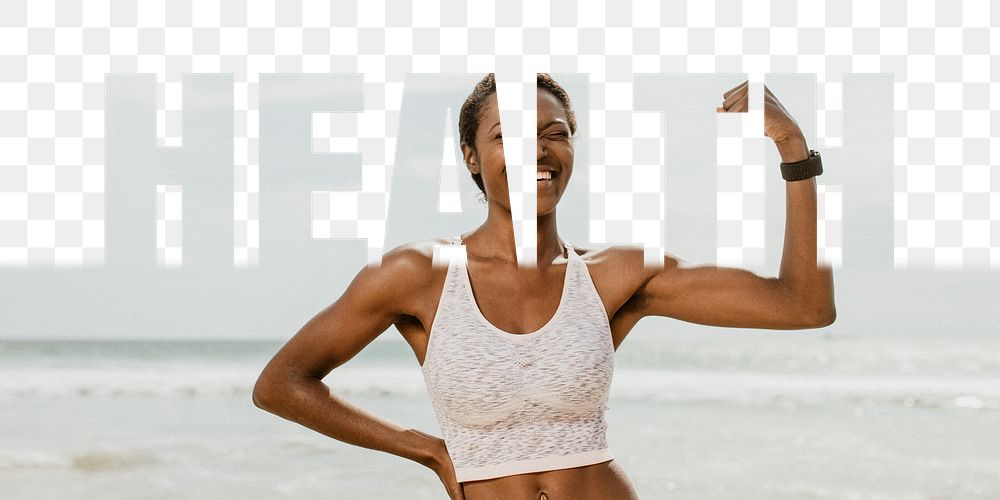 Health word png border sticker, female athlete design, transparent background