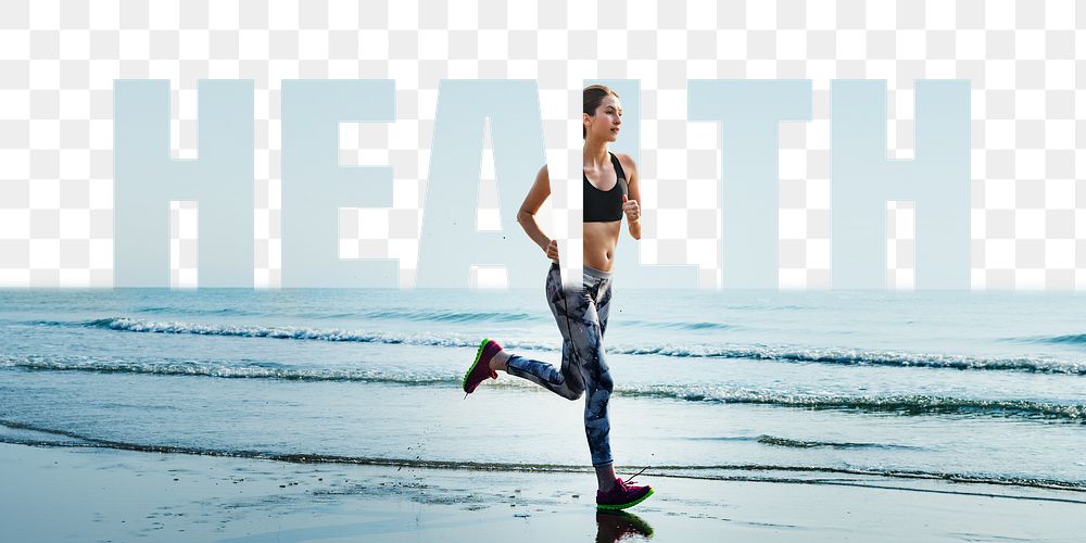 Health word png border sticker, woman running, transparent background