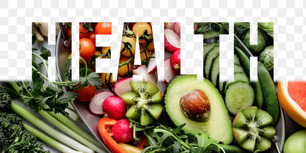 Health word png border sticker, vegetables  design, transparent background