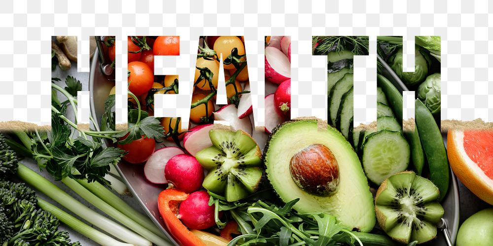 Health word png border sticker, vegetables design on torn paper, transparent background