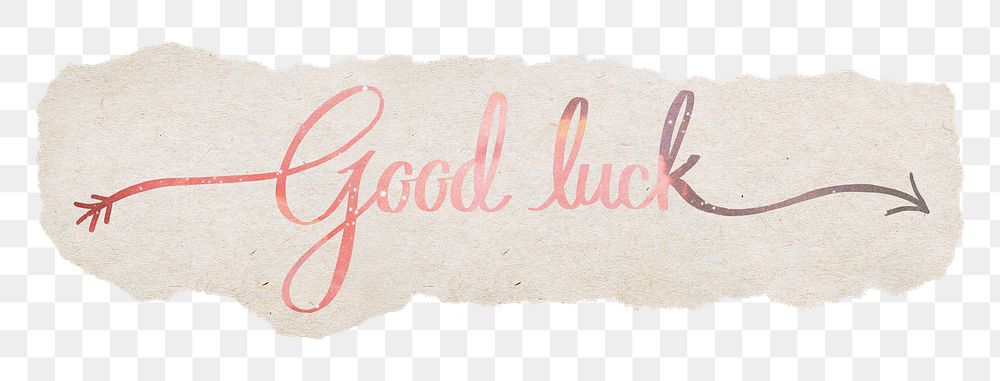 Aesthetic good luck word, ripped paper, pastel pink calligraphy in transparent background