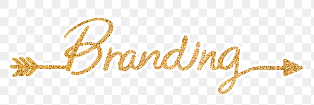 PNG branding, gold glittery calligraphy, digital sticker with white outline in transparent background