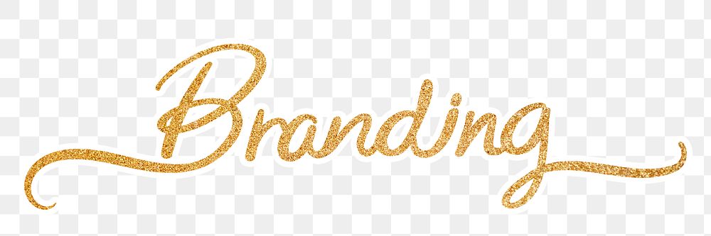 PNG branding, gold glittery calligraphy, digital sticker with white outline in transparent background