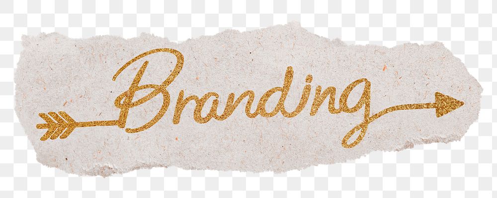 PNG branding word, gold glittery calligraphy on torn paper, transparent background