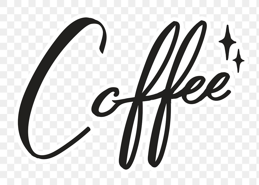 Coffee png word, minimal black calligraphy, digital sticker with white outline in transparent background