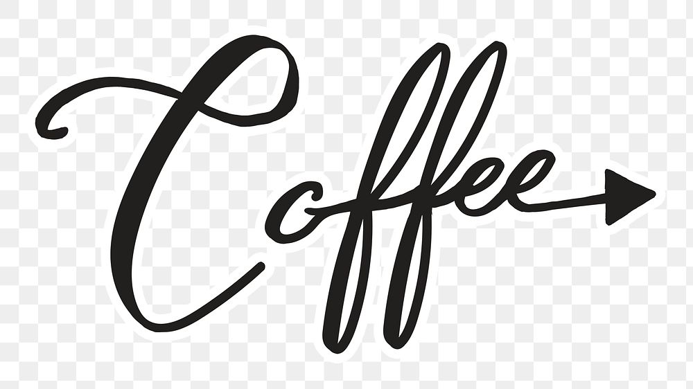 Coffee word png, minimal black calligraphy, digital sticker with white outline in transparent background