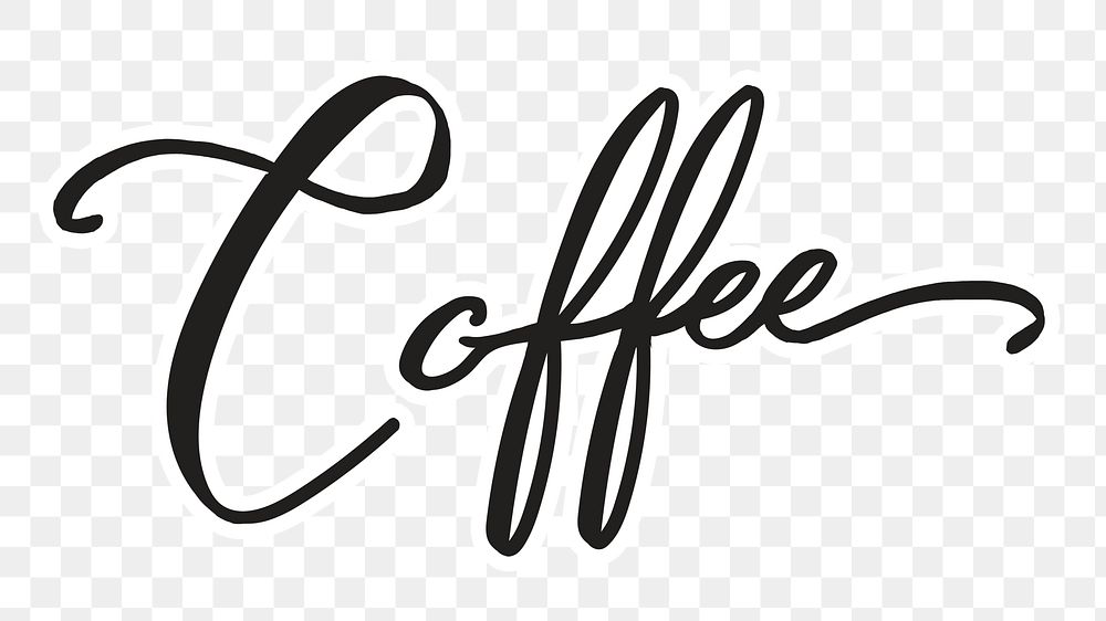 Coffee png word, minimal black calligraphy, digital sticker with white outline in transparent background