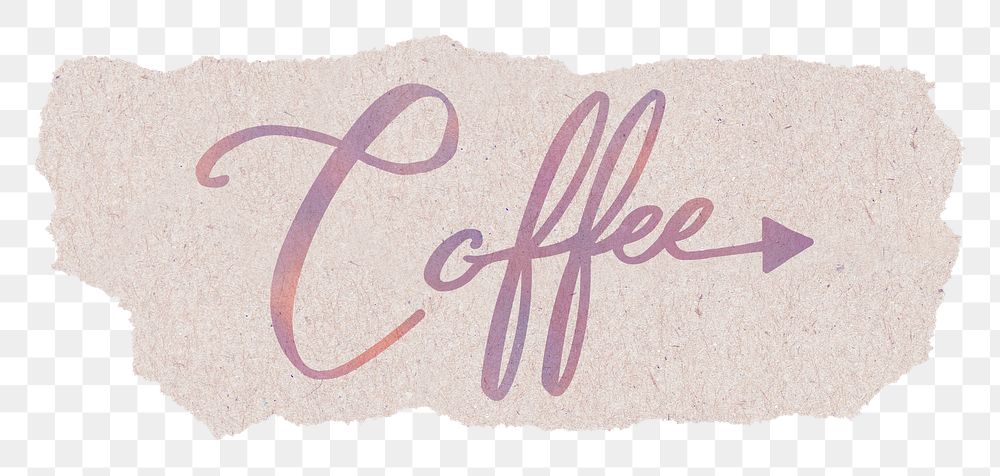 Aesthetic coffee png word sticker, ripped paper, purple sunset color calligraphy